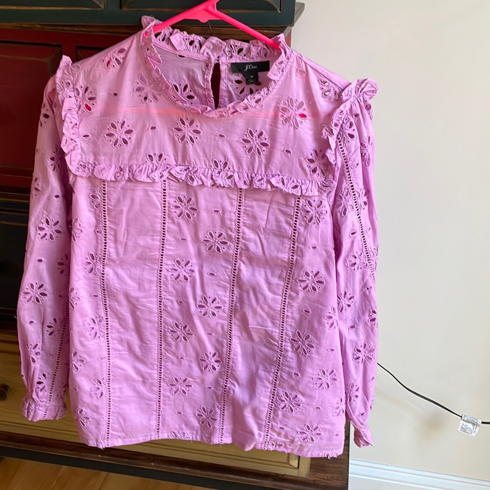 JCrew Ruffle neck eyelet top. Medium. Peony.